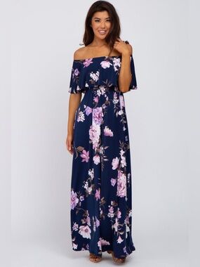 Navy Blue Floral Off Shoulder Maxi Dress